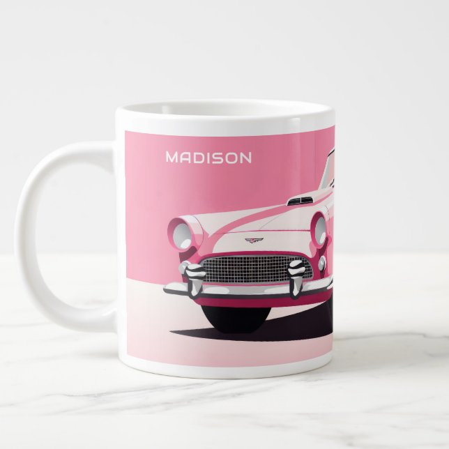 Custom Name Pink Classic Car Large Coffee Mug (Left)