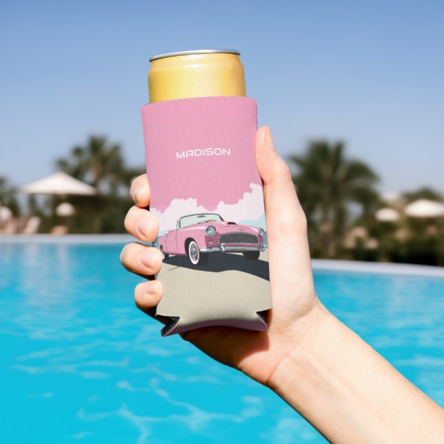 Custom Name Pink Classic Car Seltzer Can Cooler (In Situ Pool)