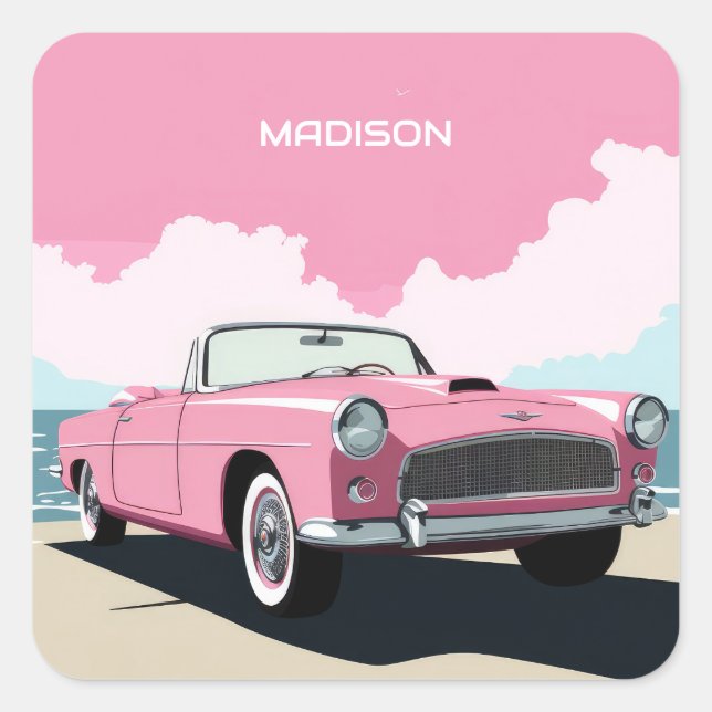 Custom Name Pink Classic Car Square Sticker (Front)
