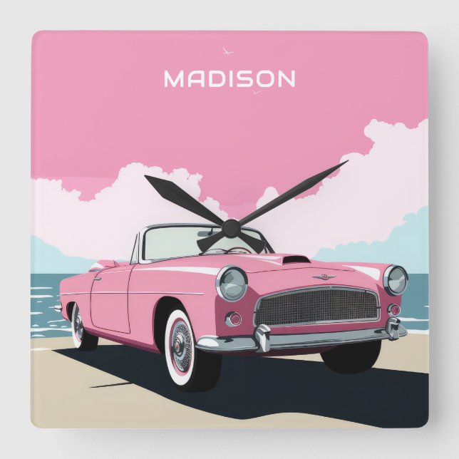 Custom Name Pink Classic Car Square Wall Clock (Front)