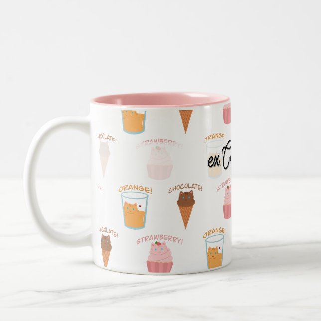 Custom Name Pink Cupcake and Black Cat Pattern  Two-Tone Coffee Mug (Left)