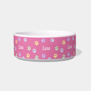 Custom Name Pink Cute Paws Bowl
