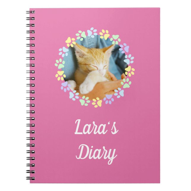 Custom Name Pink Cute Paws Pet&#x27;s Diary Notebook (Front)
