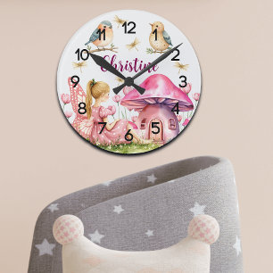 Custom Name Pink Fairy Mushrooms Nursery Round Clock