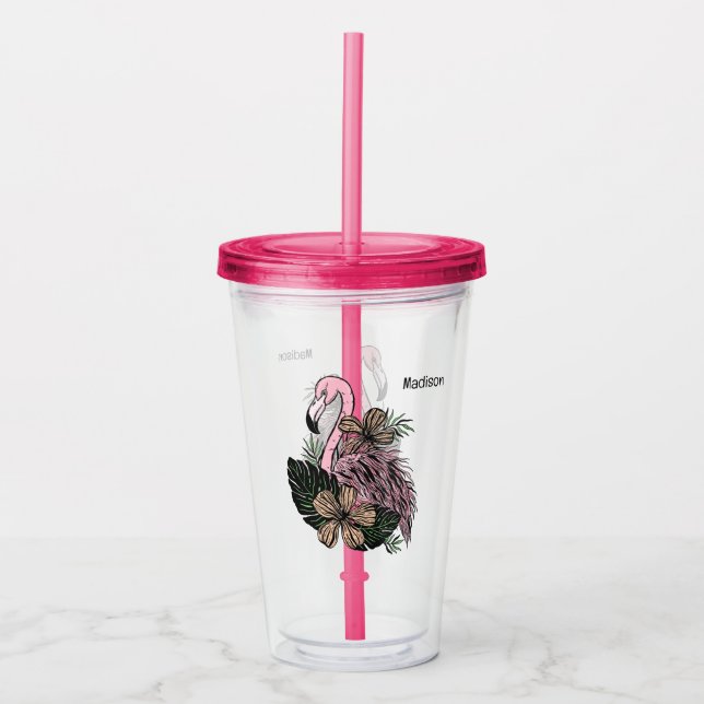 Custom Name Pink Flamingo Acrylic Tumbler (Front)
