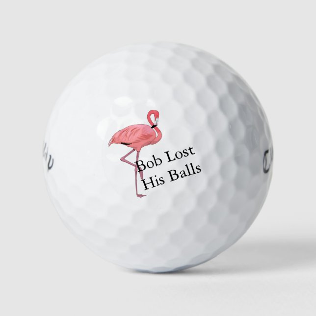 Custom Name Pink Flamingo Golf Humour Balls (Front)