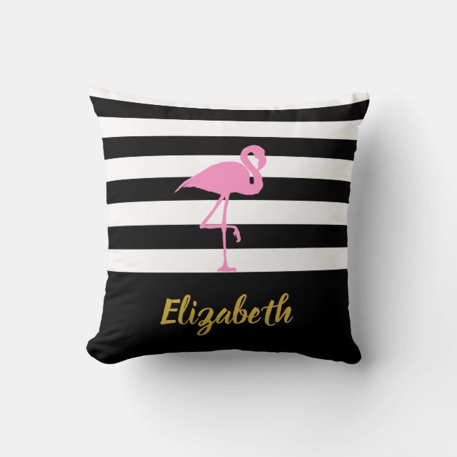 Custom Name | Pink Flamingo on Black and White Cushion (Front)