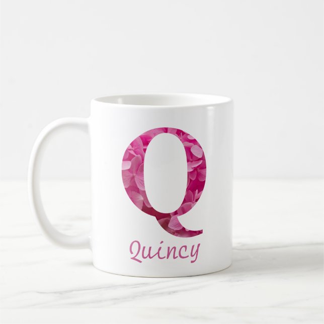 Custom Name Pink Floral Alphabet Letter "Q" Mug (Left)