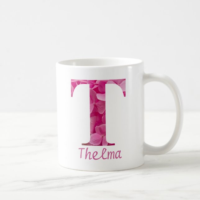Custom Name Pink Floral Alphabet Letter "T" Mug (Right)