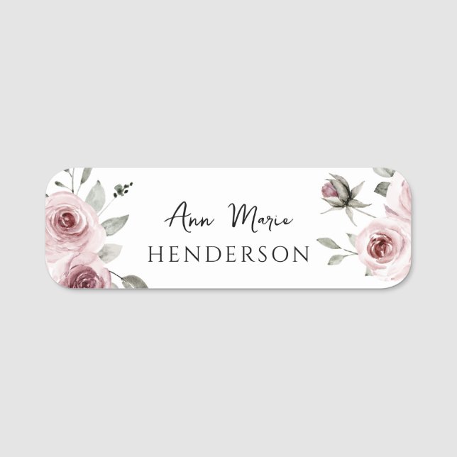 Custom Name Pink Floral Rose  Name Tag (Front)