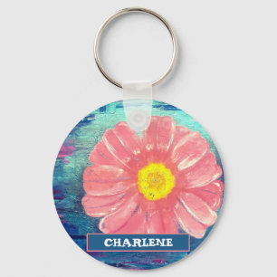 Custom Name PINK Flower Acrylic Painting Key Ring