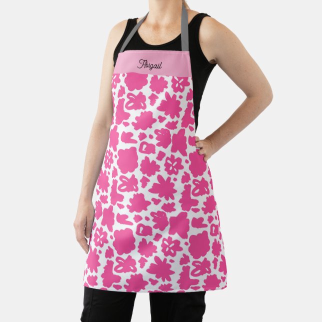 Custom Name Pink Flower Pattern All Over Apron (Insitu)