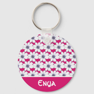 Custom Name Pink flower pattern Button Key Ring