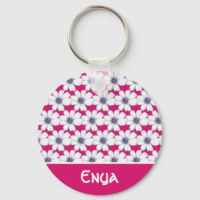 Custom Name Pink flower pattern Button Key Ring (Front)