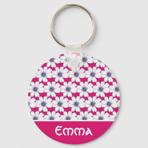 Custom Name Pink flower pattern Button Key Ring