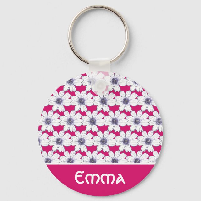 Custom Name Pink flower pattern Button Key Ring (Front)
