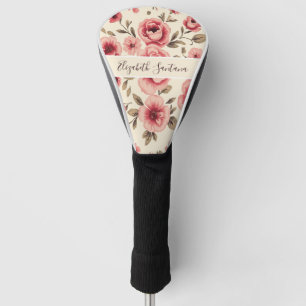 Custom Name Pink Flowers on Cream Soft Elegant Golf Head Cover