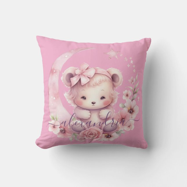 Custom Name Pink Girly Teddy Bear Throw Pillow (Front)
