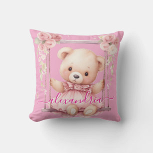 Custom Name Pink Girly Teddy Bear Throw Pillow