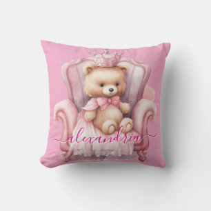 Custom Name Pink Girly Teddy Bear Throw Pillow