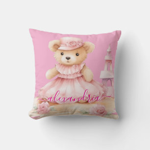 Custom Name Pink Girly Teddy Bear Throw Pillow