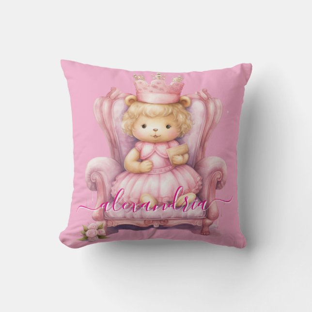 Custom Name Pink Girly Teddy Bear Throw Pillow (Front)