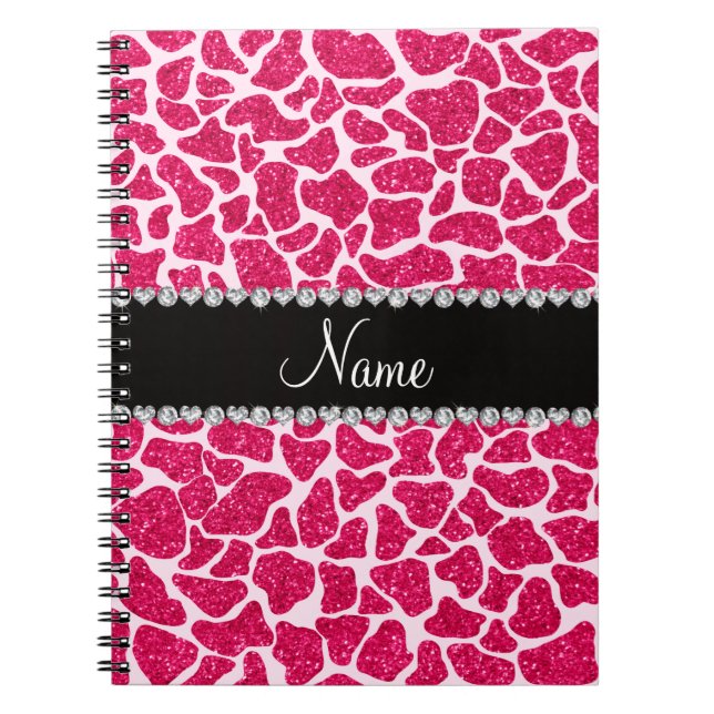 Custom name pink glitter giraffe notebook (Front)
