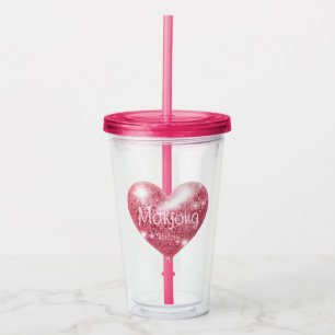 Custom Name Pink Glitter Heart Elegant Mahjong Acrylic Tumbler