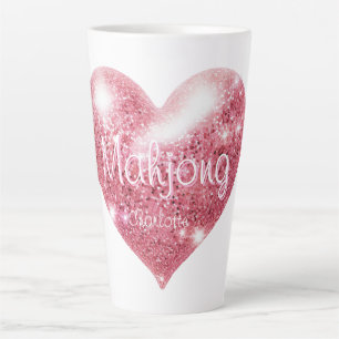 Custom Name Pink Glitter Heart Elegant Mahjong Latte Mug