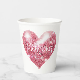 Custom Name Pink Glitter Heart Elegant Mahjong Paper Cups