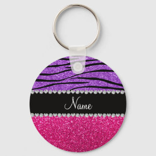 Custom name pink glitter pastel purple zebra strip key ring