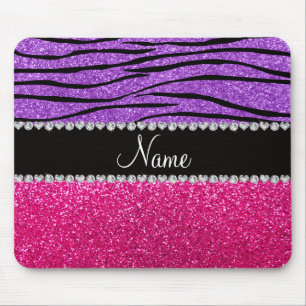 Custom name pink glitter pastel purple zebra strip mouse pad