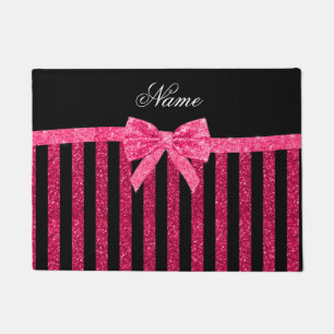 Custom name pink glitter stripes glitter bow doormat
