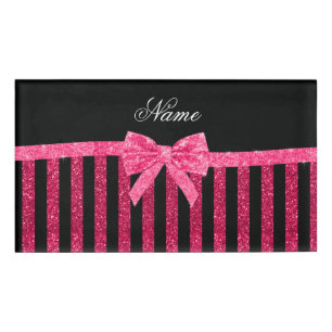 Custom name pink glitter stripes glitter bow tag