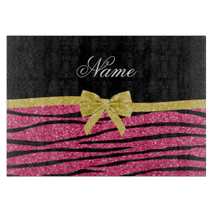 Custom name pink glitter zebra stripes gold bow cutting board