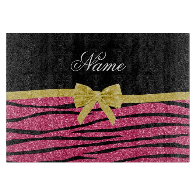 Custom name pink glitter zebra stripes gold bow cutting board (Front)