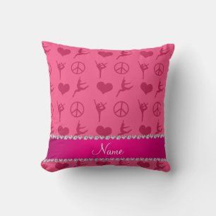 Custom name pink gymnastics hearts peace sign cushion