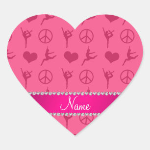 Custom name pink gymnastics hearts peace sign heart sticker