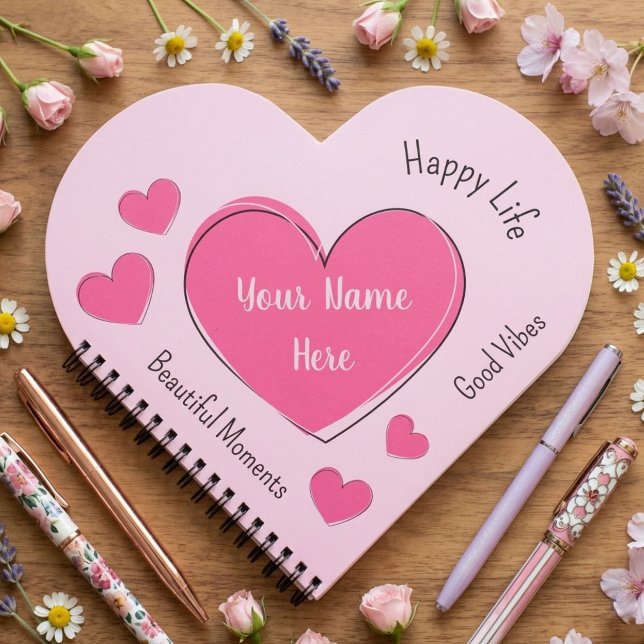 Custom Name Pink Heart Notebook & Sketchbook (Fully customizable pink hearts heart-shaped notebook sketchbook with editable text)