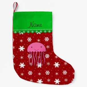 Custom name pink jellyfish red white snowflakes small christmas stocking