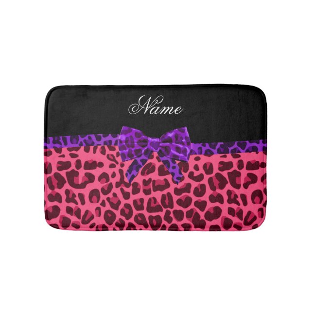 Custom name pink leopard bright purple bow bath mat (Front)