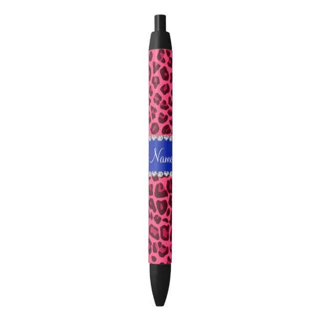 Custom name pink leopard print blue stripe black ink pen (Front Vertical)