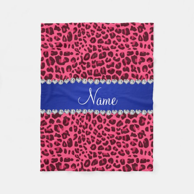 Custom name pink leopard print blue stripe fleece blanket (Front)