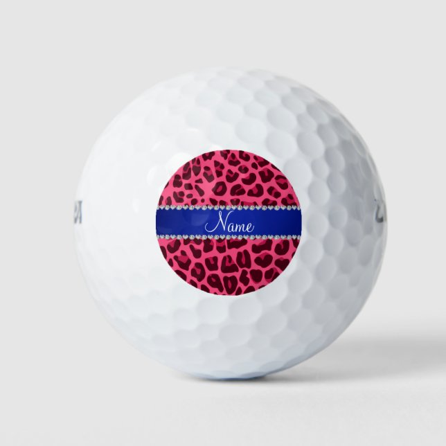 Custom name pink leopard print blue stripe golf balls (Front)