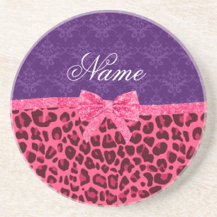 Custom name pink leopard purple damask bow coaster