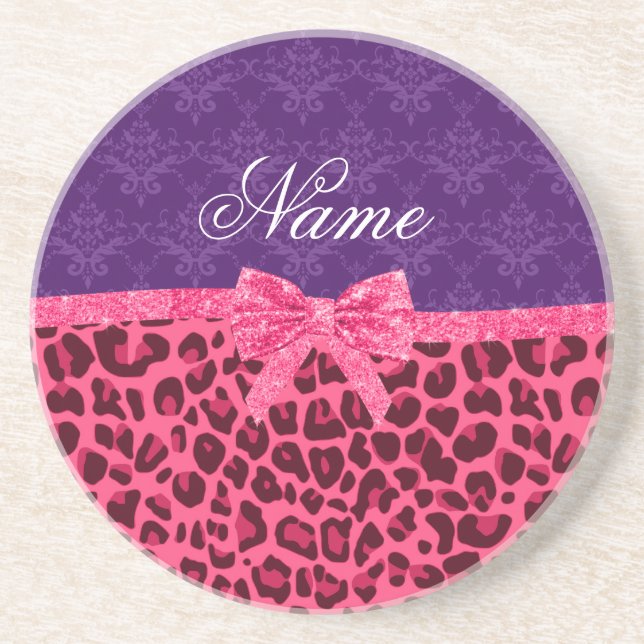 Custom name pink leopard purple damask bow coaster (Front)