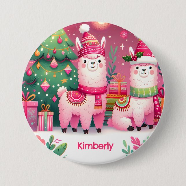 Custom Name Pink Llama Christmas 7.5 Cm Round Badge (Front)