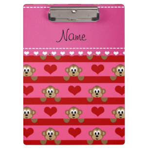 Custom name pink monkeys red hearts stripes clipboard