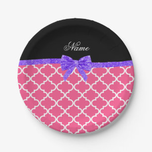 Custom name pink moroccan purple glitter bow paper plate