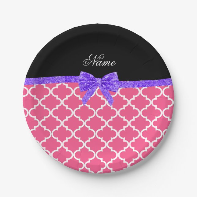 Custom name pink moroccan purple glitter bow paper plate (Front)